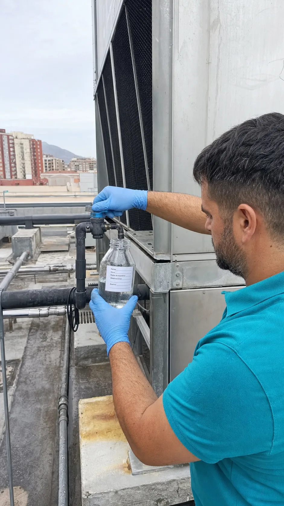 Técnico tomando muestras de agua para el control de legionela