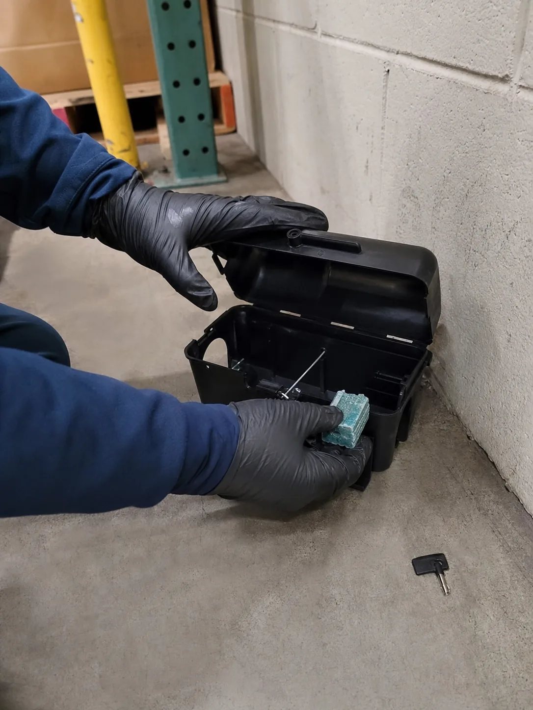 Desratización en Badalona: técnico instalando portacebos para ratas y ratones